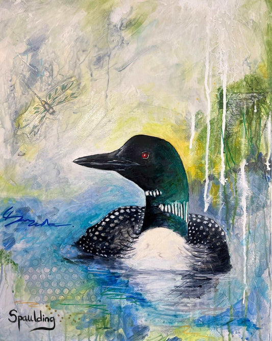 Art of a loon with striking red eyes on a textured green and blue backdrop.