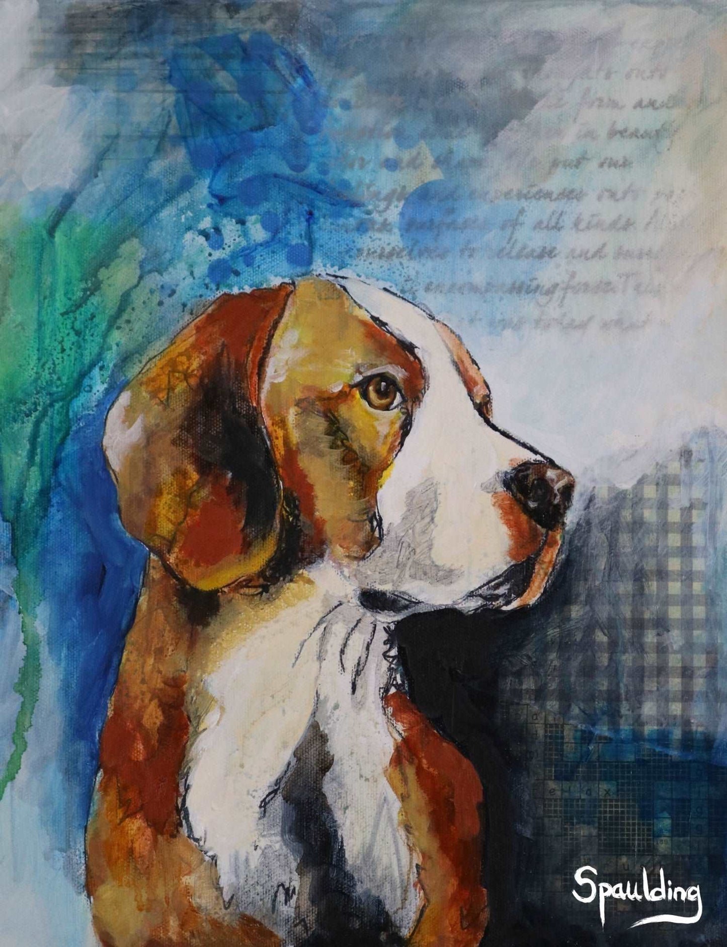 Hand-painted portrait of a beagle on a canvas with text in the background