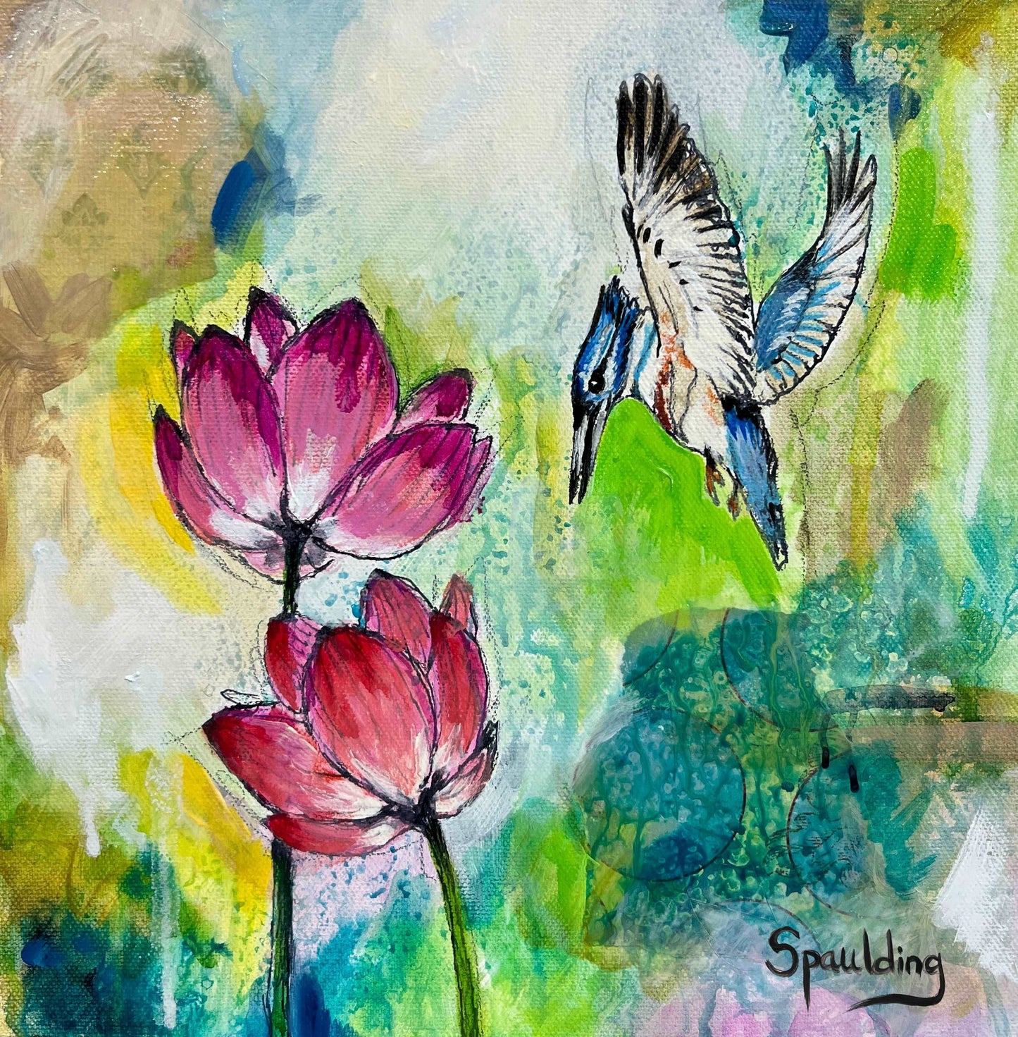 A kingfisher dives towards pink lotus flowers, set against a vibrant, green and blue mixed-media background.