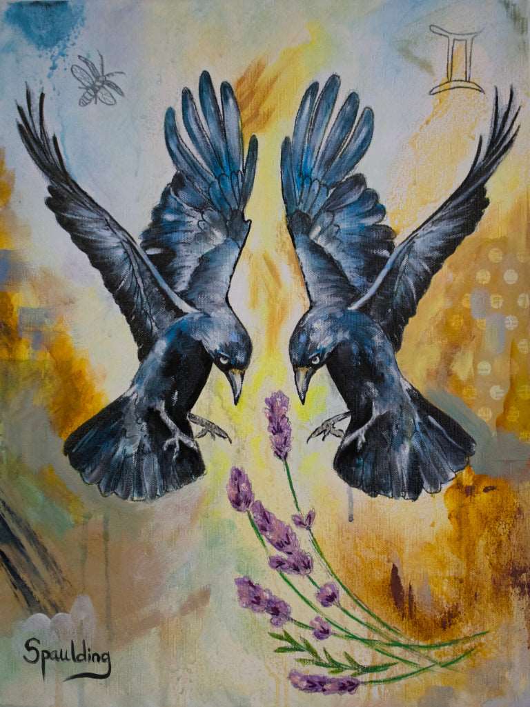 Original painting: Gemini symbolism with two black birds, lavender flowers, lightning bug. Muted blue, yellow. Perfect for zodiac enthusiasts.