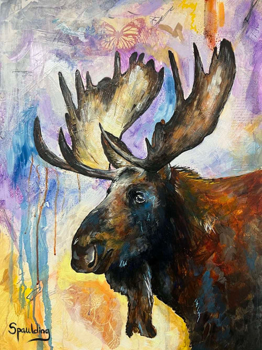 A vibrant painting of a moose with prominent antlers on an abstract, colorful background.