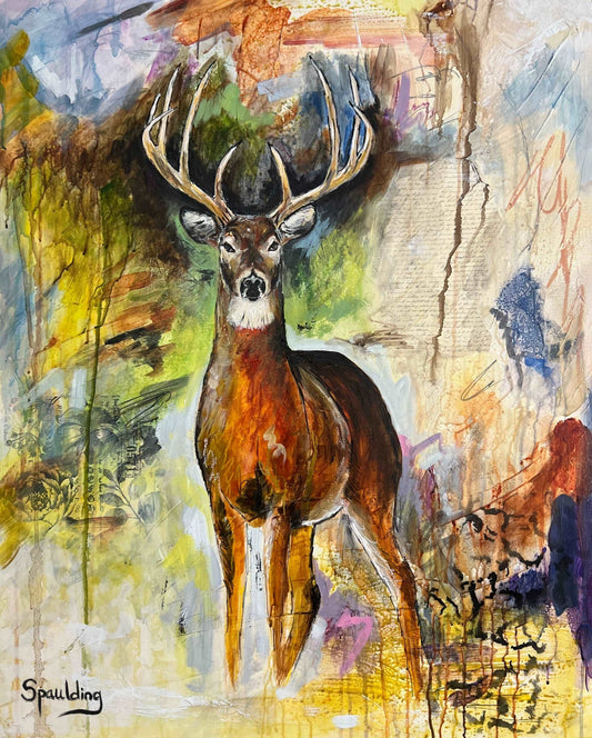 A majestic whitetail deer with large antlers set against a vivid, mixed-media background.