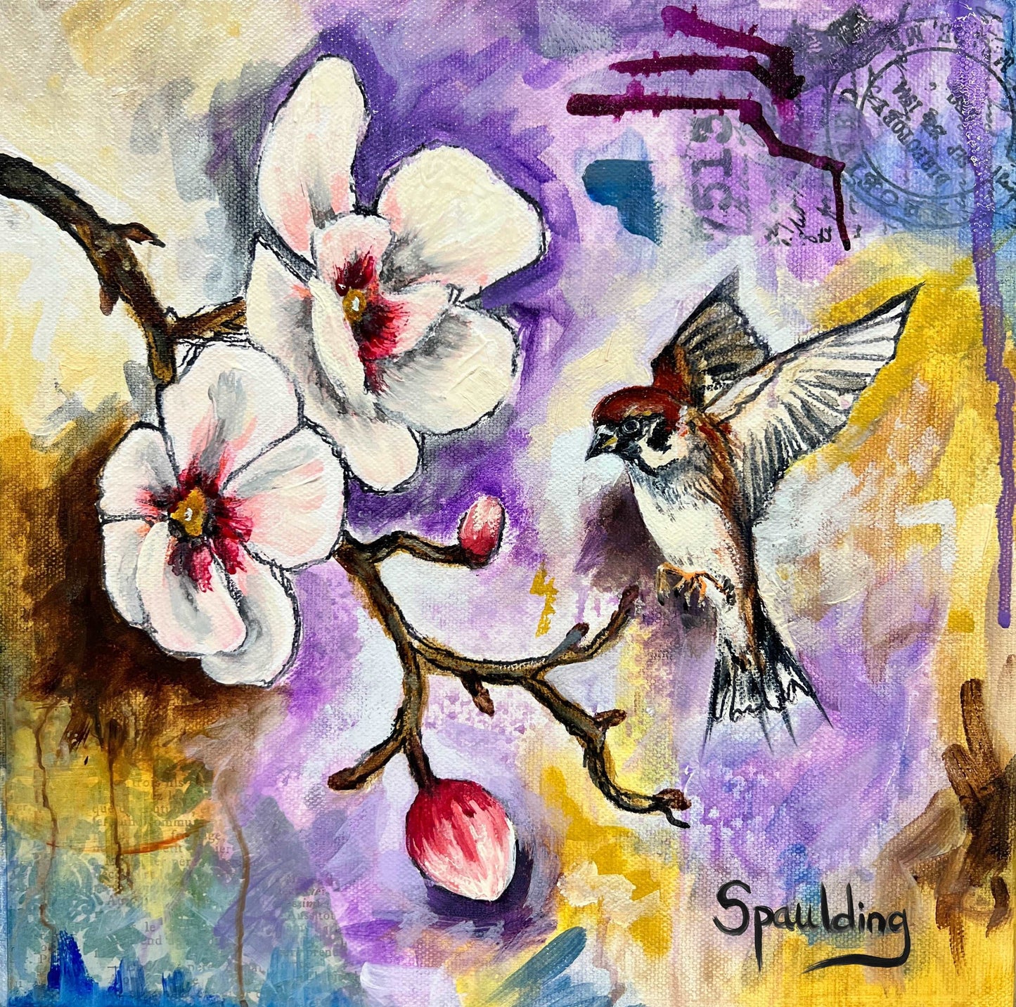 A sparrow in flight beside white blossoms against a vibrant, mixed-media background with postal stamps.