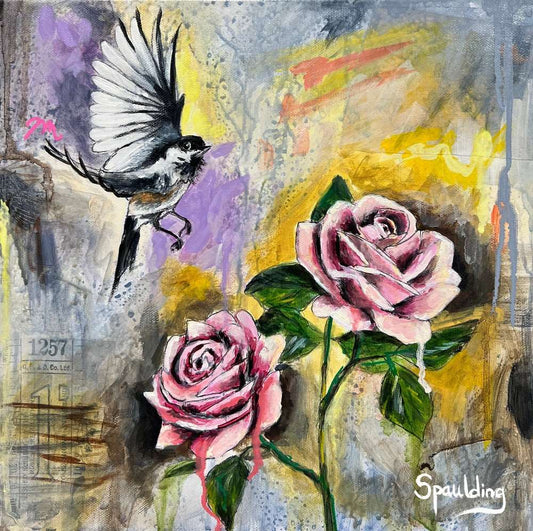 A chickadee takes flight near pink roses against an abstract background with text and stamp elements.