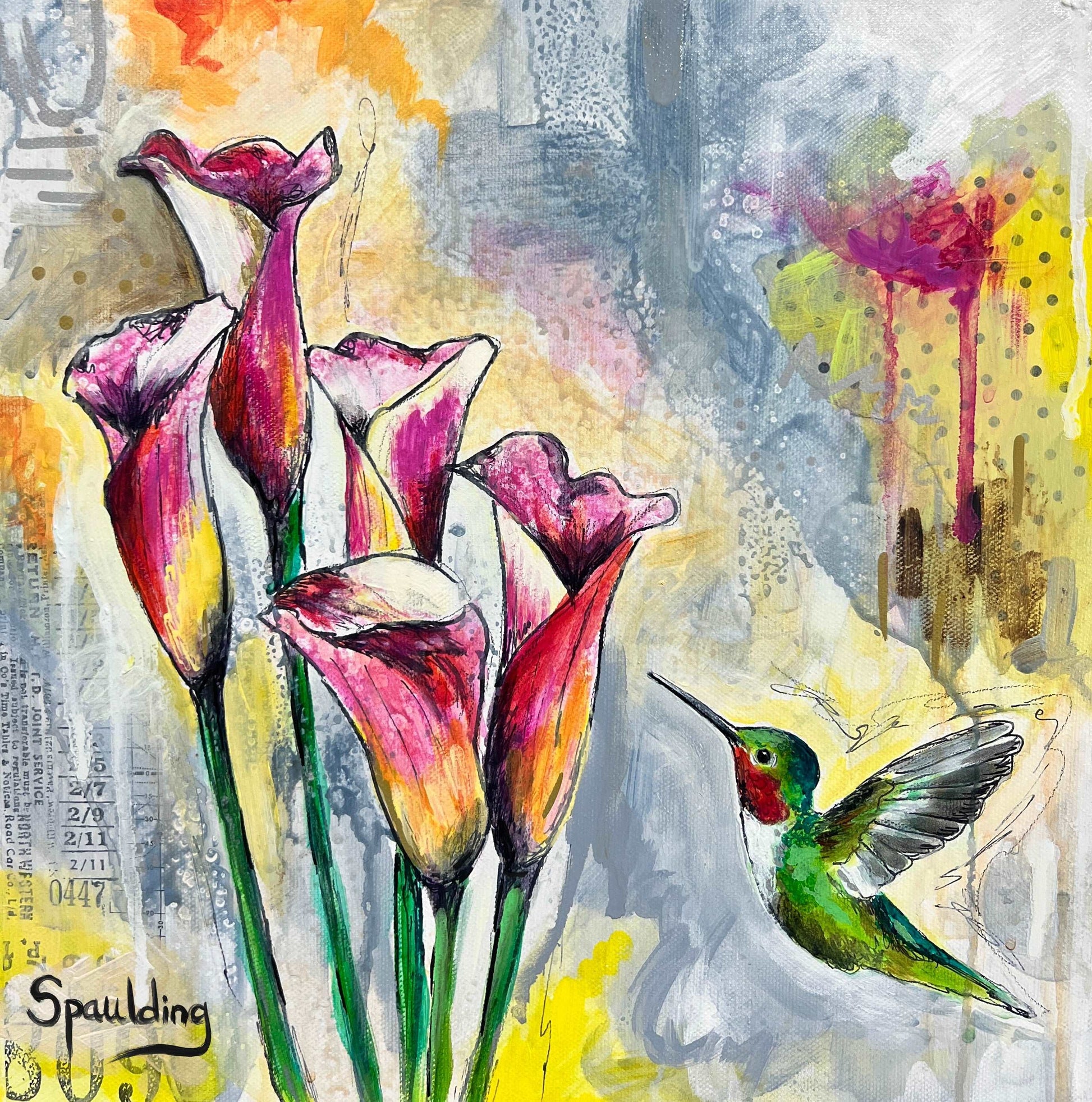Colorful calla lilies and a hummingbird on a textured, abstract background in a mixed-media painting.