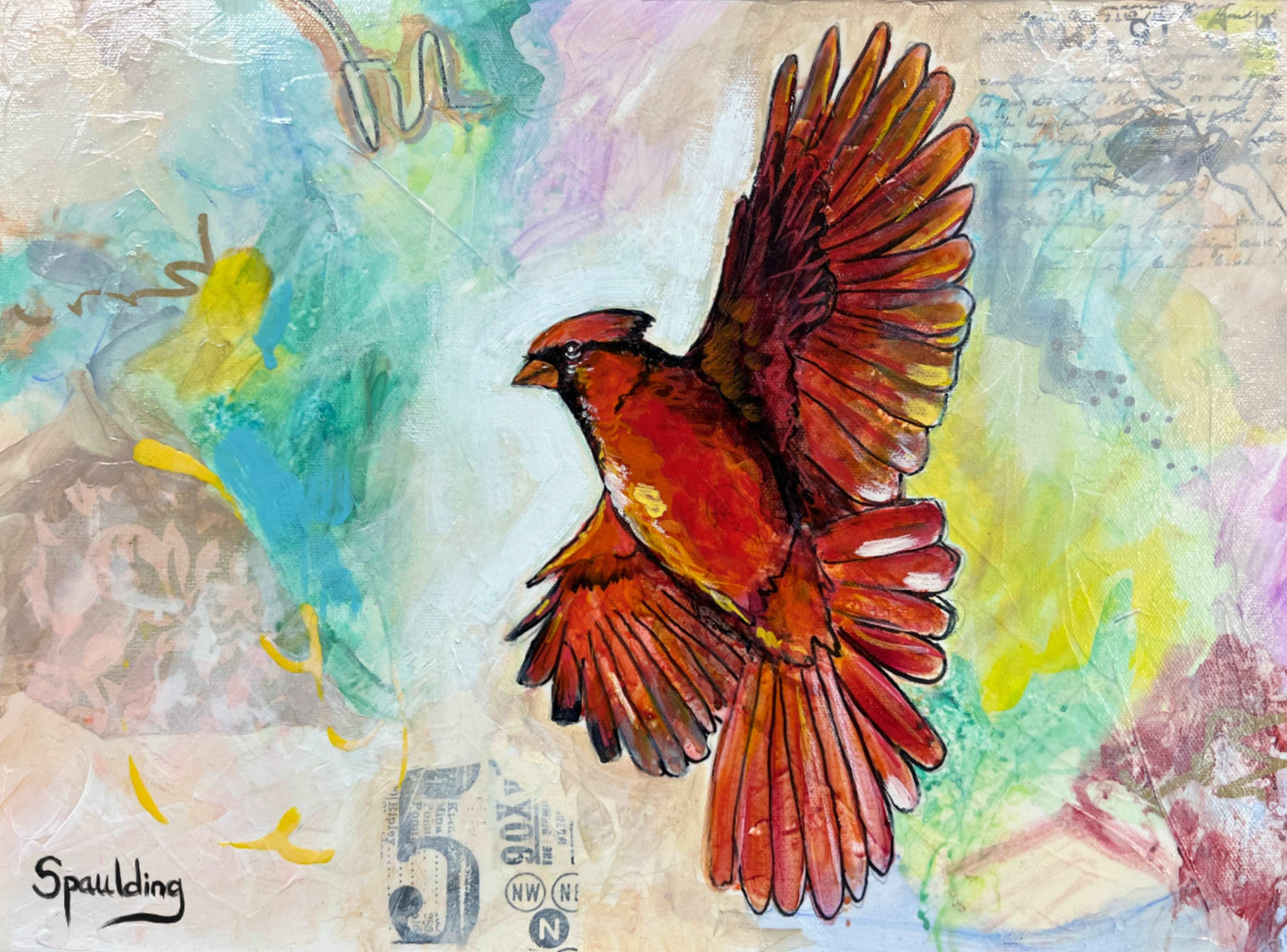 A vivid cardinal in mid-flight, with wings spread, against a soft, mixed-media backdrop.