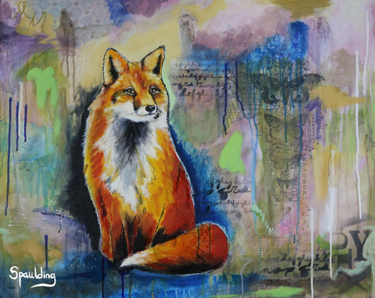 A contemplative red fox sits against a collage-like, colorful background.