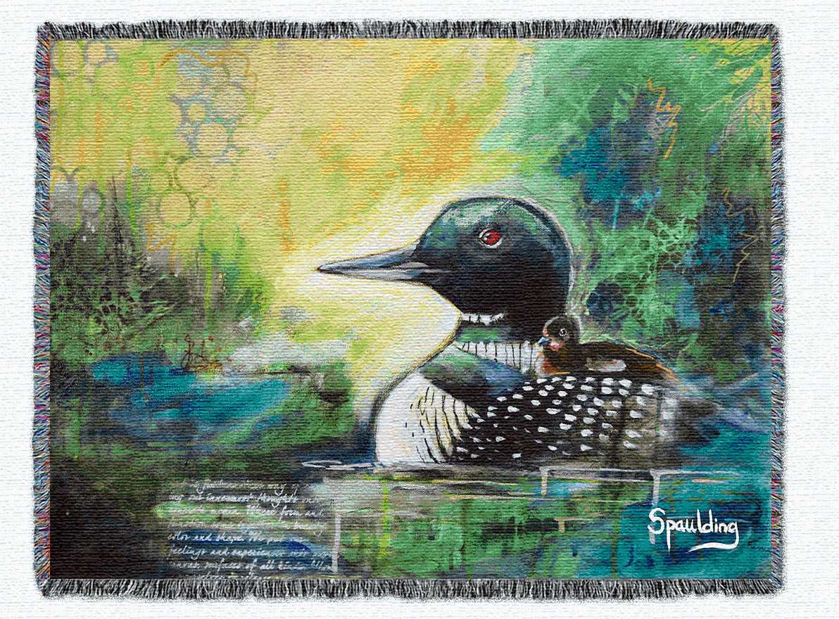 Maine loon with baby loon yellows & green colors woven throw blanket: Nature-inspired jacquard loom art for cozy comfort & elegant decor.