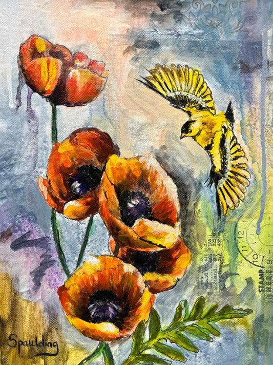 An American Goldfinch in flight beside vibrant orange poppies against a muted, mixed-media backdrop.