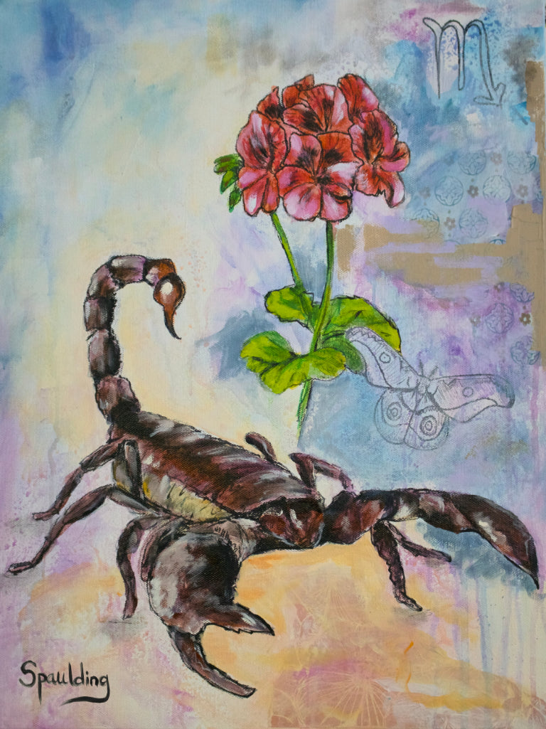Scorpion with red geranium flowers outline drawing of a moth light blue and peach abstract background