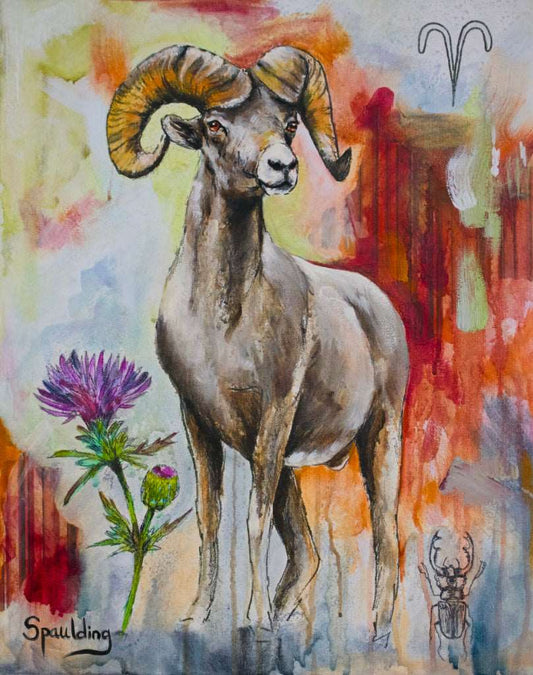 Original painting: Aries symbolism with ram, thistle flowers, beetle. Muted blue, reds, light green. Perfect for zodiac lovers.