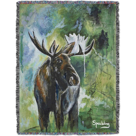 Moose with antlers, greens, and yellow color scheme woven throw blanket: Nature-inspired comfort for wildlife enthusiasts.