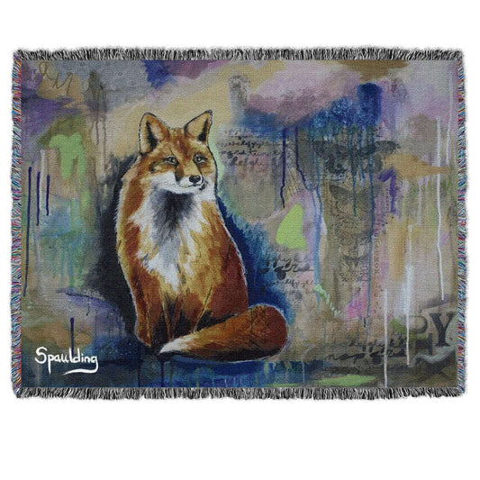 Fox sitting, blues, and muted green tans color scheme woven throw blanket: Nature-inspired comfort for wildlife enthusiasts.
