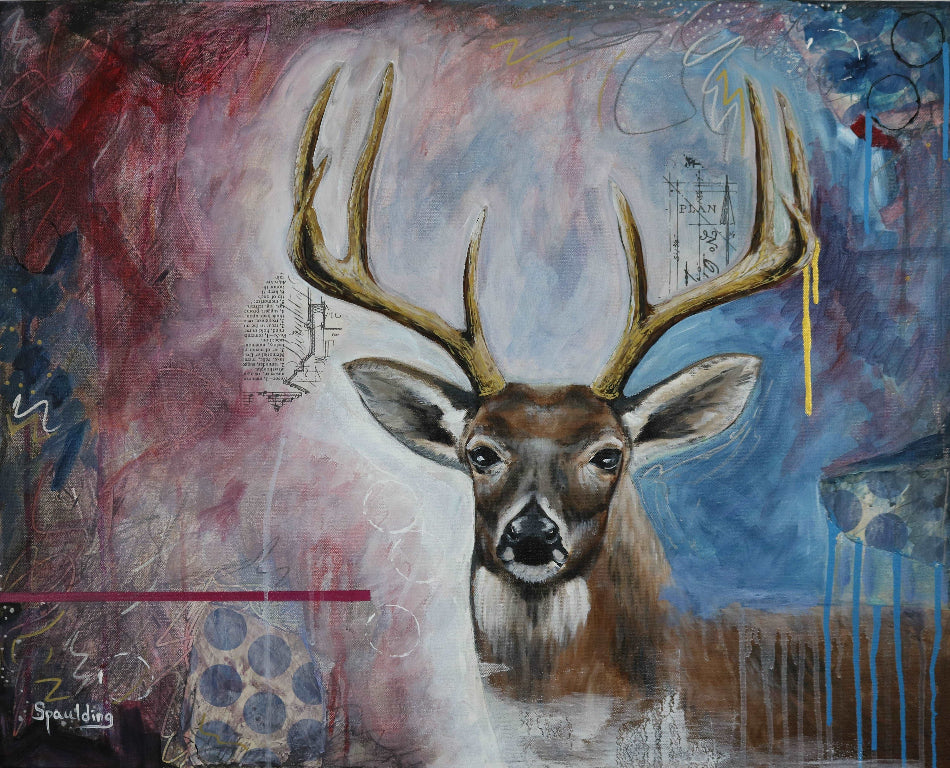 A painting of a deer with large antlers, set against a vibrant abstract background of red, blue, and white hues. The mood is bold and dynamic.