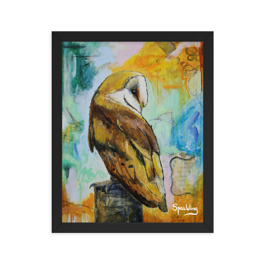 Barn owl on tree stump, brown & white, orange teal & blue palette. Lightweight & ready to hang. Perfect for nature lovers."