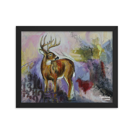 Whitetail deer framed print: brown & white, tan antlers on a purple, yellow, red background. Lightweight & ready to hang