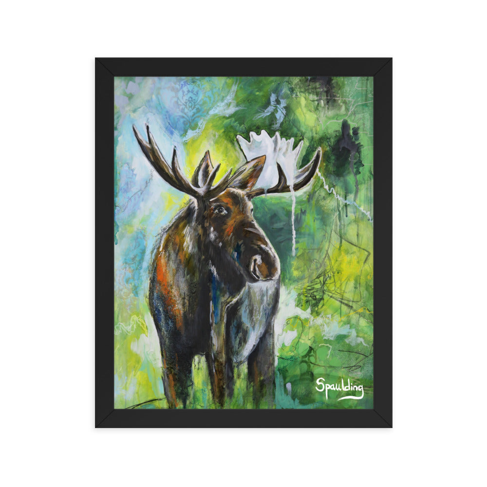 Brown Bull Moose framed print on green background. Perfect for wildlife enthusiasts. Lightweight, durable, and ready to hang