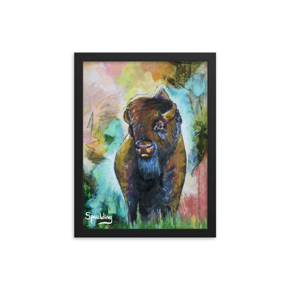 Brown bison in green grass, pink, yellow, green background. Lightweight & ready to hang. Perfect for nature lovers."