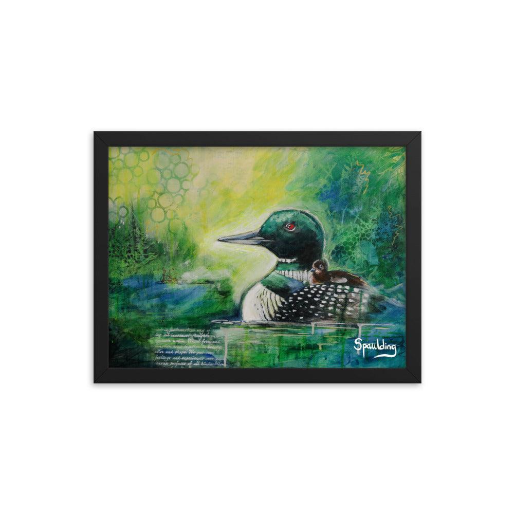 Black & white loon with baby, greens, yellows & blues background. Lightweight & ready to hang. Perfect for nature lovers.