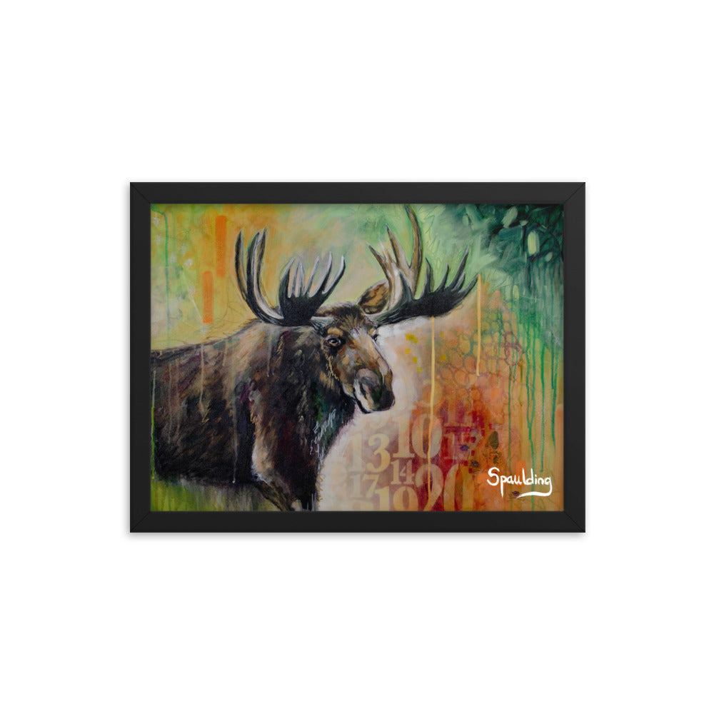 Brown moose with antlers, red, green, oranges background. Lightweight & ready to hang. Perfect for nature lovers.