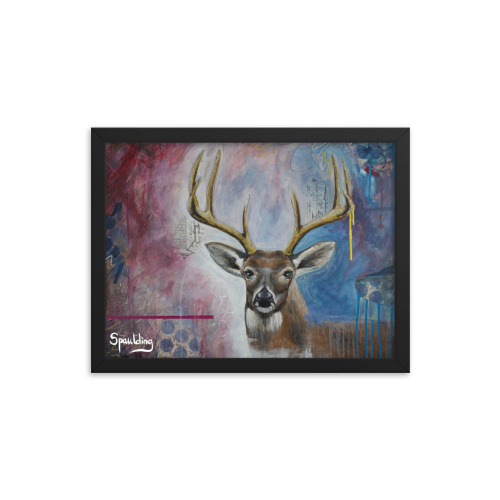 Whitetail deer framed print: brown & white deer with tan antlers on a dark red-pink & blue background. Perfect for wildlife lovers.