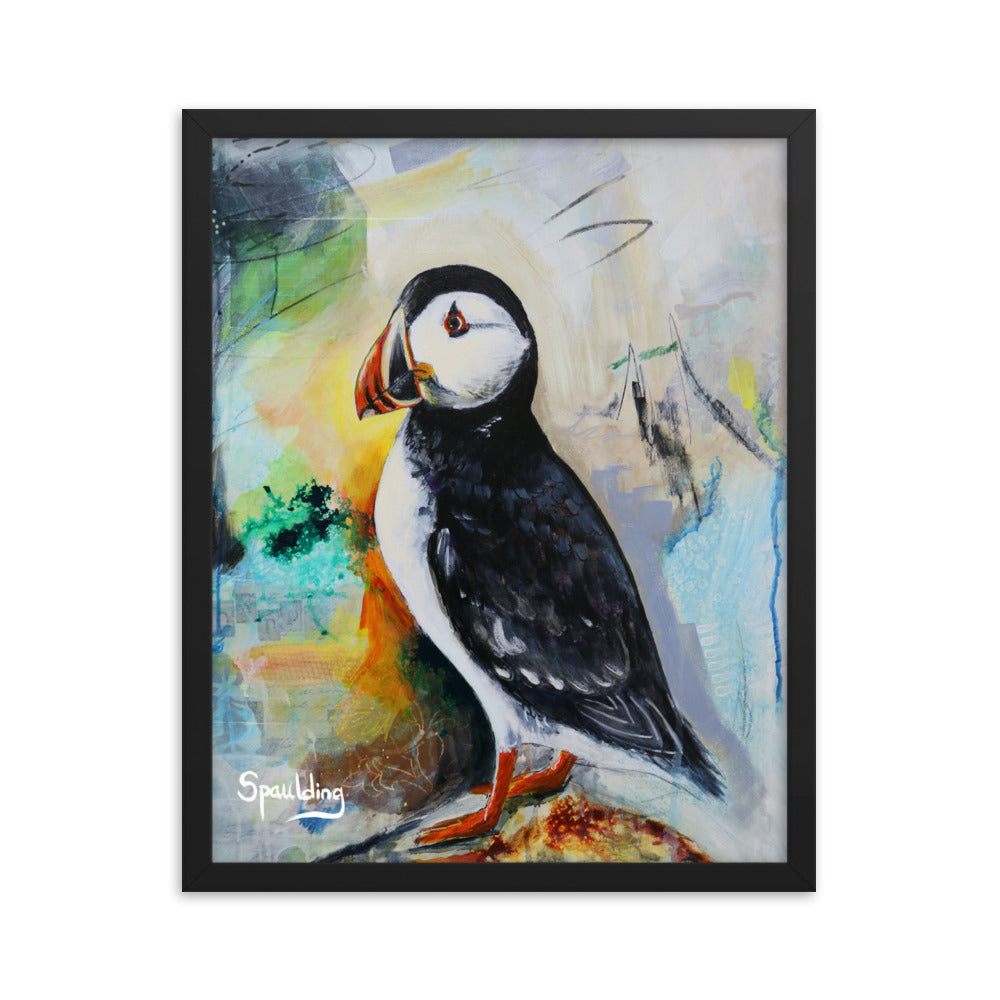 Black & white puffin with orange beak & feet. Muted blues & greens, cream color scheme. Lightweight & ready to hang.