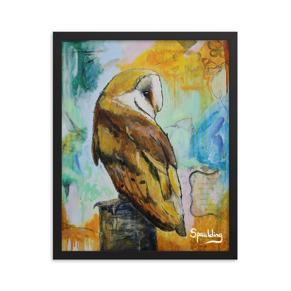 Barn owl on tree stump, brown & white, orange teal & blue palette. Lightweight & ready to hang. Perfect for nature lovers."