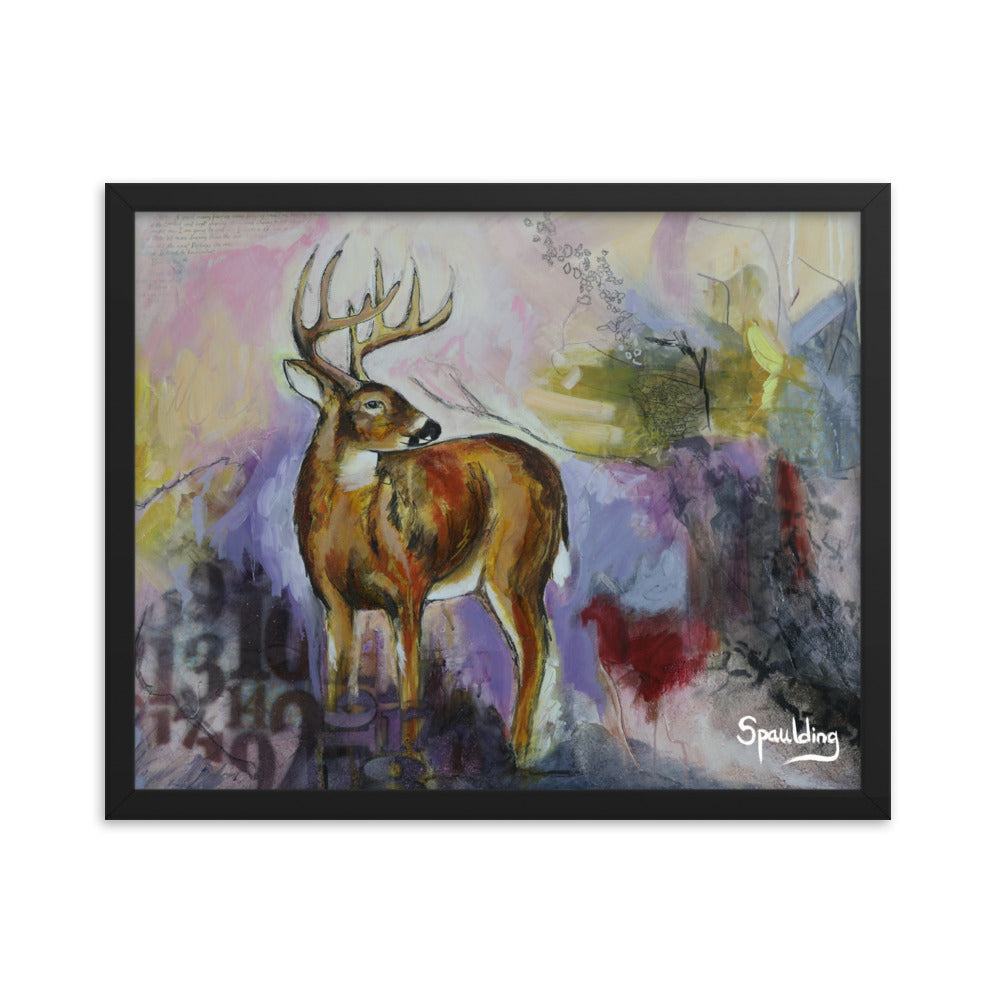 Whitetail deer framed print: brown & white, tan antlers on a purple, yellow, red background. Lightweight & ready to hang