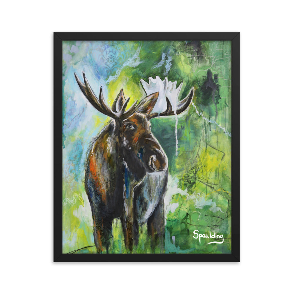 Brown Bull Moose framed print on green background. Perfect for wildlife enthusiasts. Lightweight, durable, and ready to hang