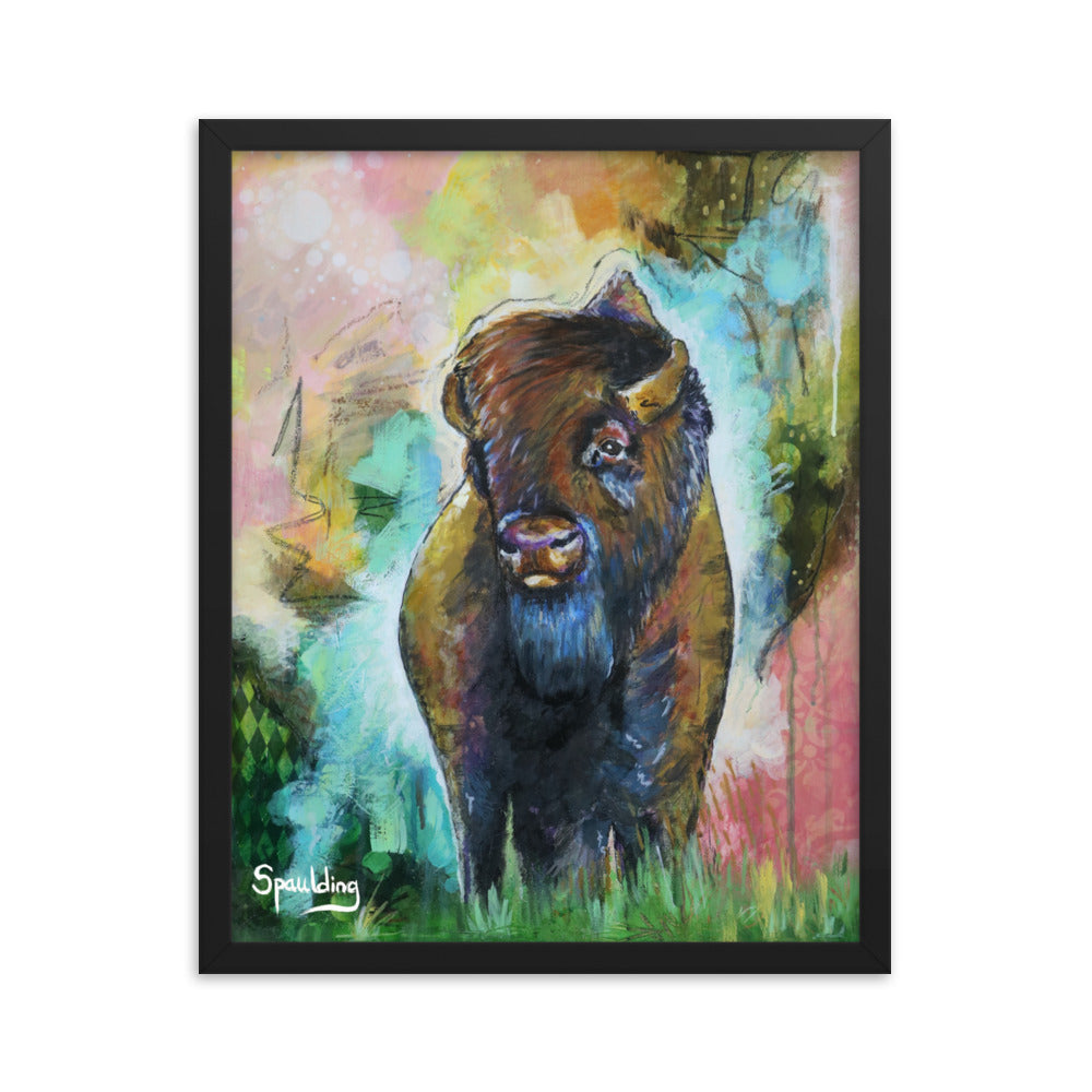 Brown bison in green grass, pink, yellow, green background. Lightweight & ready to hang. Perfect for nature lovers."