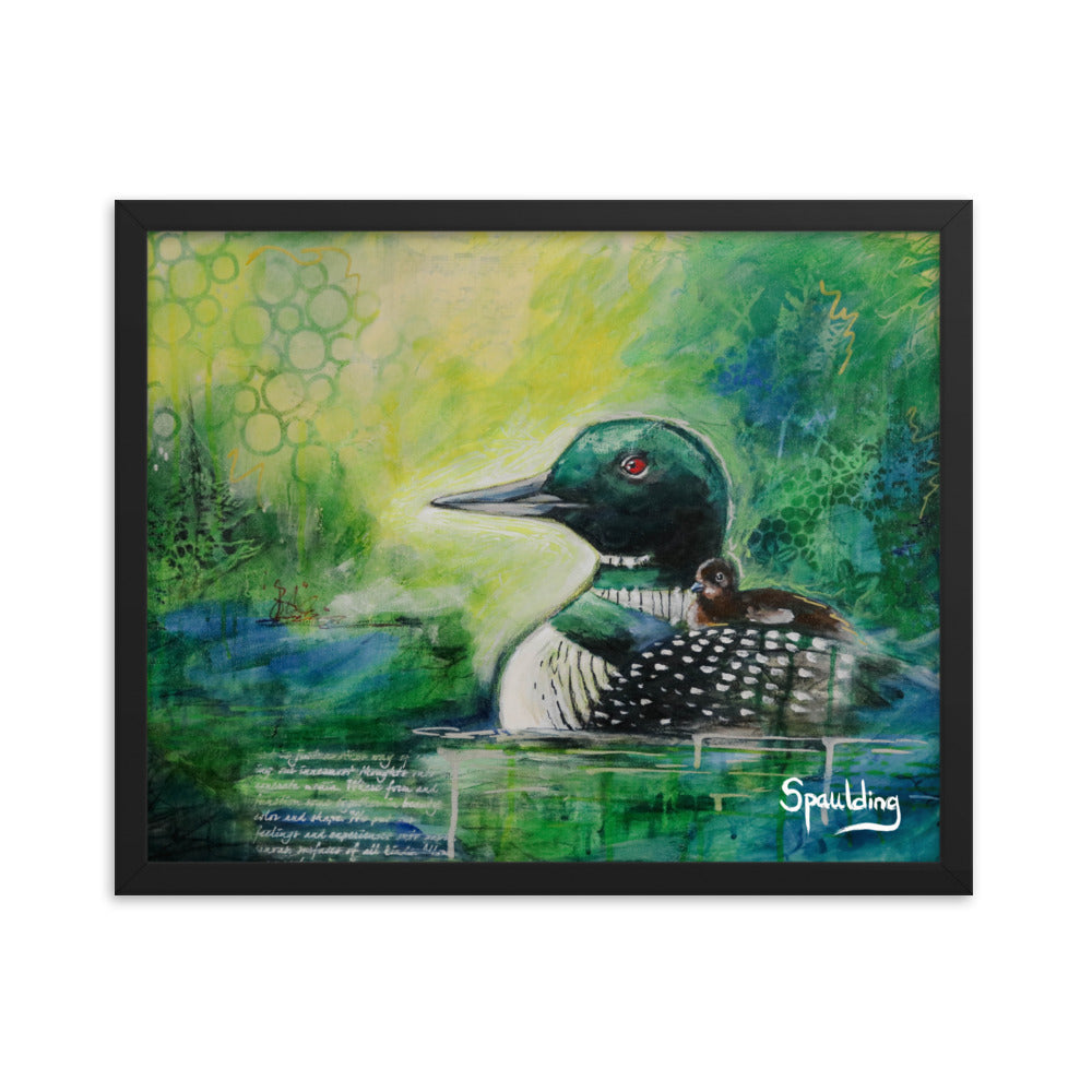 Black & white loon with baby, greens, yellows & blues background. Lightweight & ready to hang. Perfect for nature lovers.