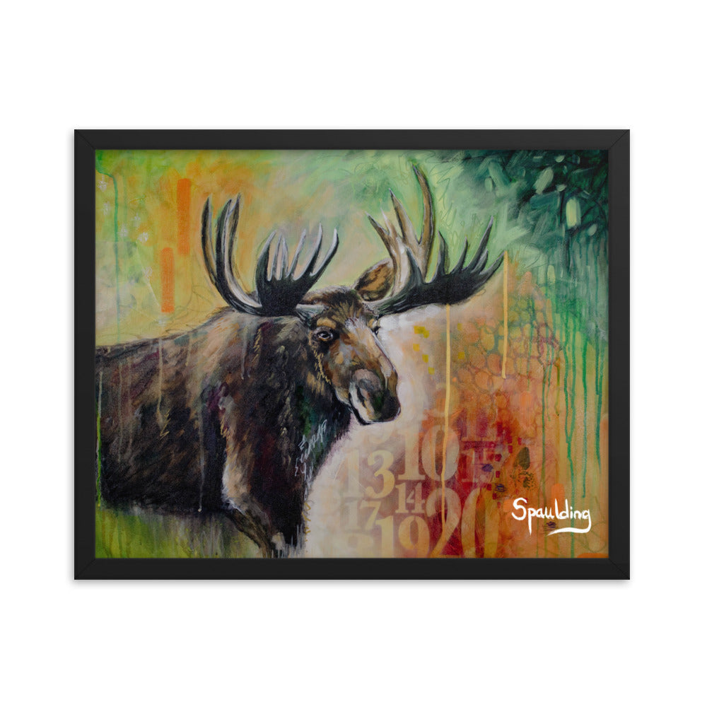 Brown moose with antlers, red, green, oranges background. Lightweight & ready to hang. Perfect for nature lovers.