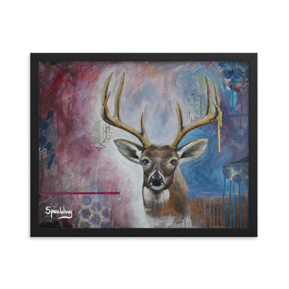 Whitetail deer framed print: brown & white deer with tan antlers on a dark red-pink & blue background. Perfect for wildlife lovers.