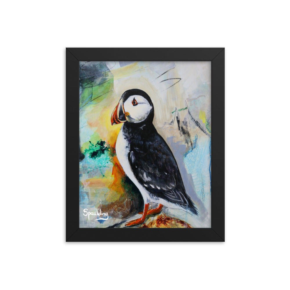 Black & white puffin with orange beak & feet. Muted blues & greens, cream color scheme. Lightweight & ready to hang.