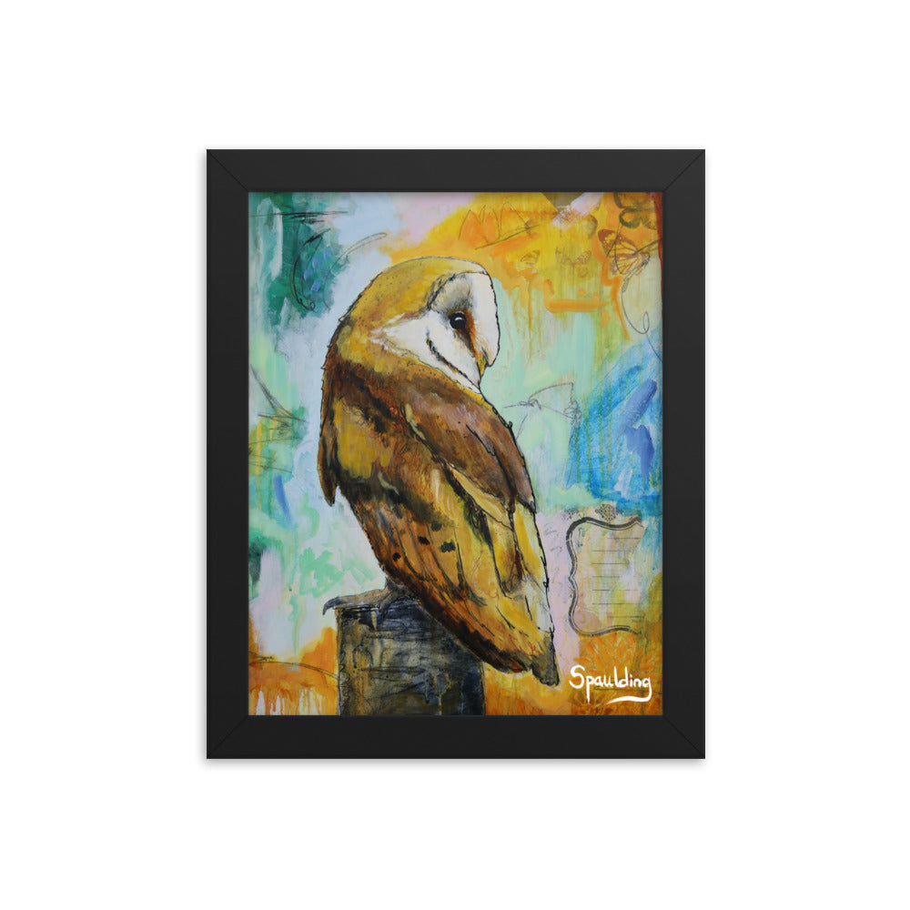 Barn owl on tree stump, brown & white, orange teal & blue palette. Lightweight & ready to hang. Perfect for nature lovers."