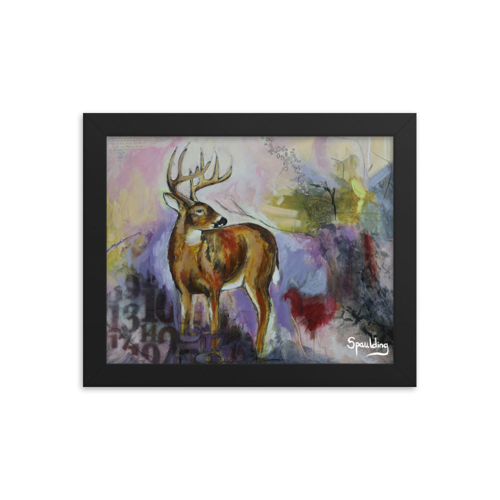 Whitetail deer framed print: brown & white, tan antlers on a purple, yellow, red background. Lightweight & ready to hang