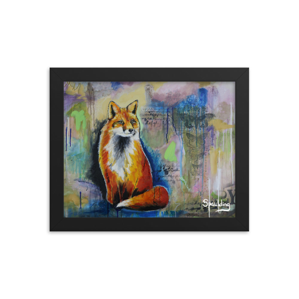 Red fox framed print: bushy tail, blue greens, and pinks. Lightweight and ready to hang. Perfect for nature lovers.