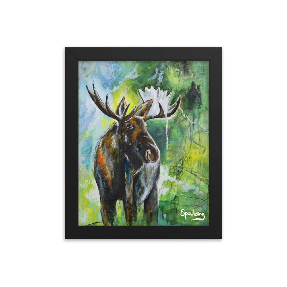 Brown Bull Moose framed print on green background. Perfect for wildlife enthusiasts. Lightweight, durable, and ready to hang