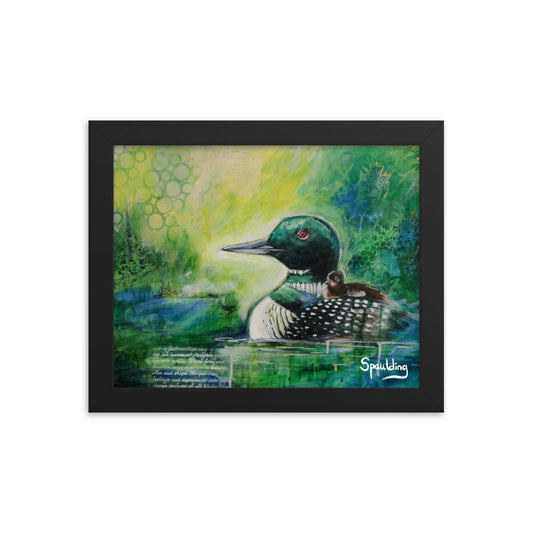 Black & white loon with baby, greens, yellows & blues background. Lightweight & ready to hang. Perfect for nature lovers.