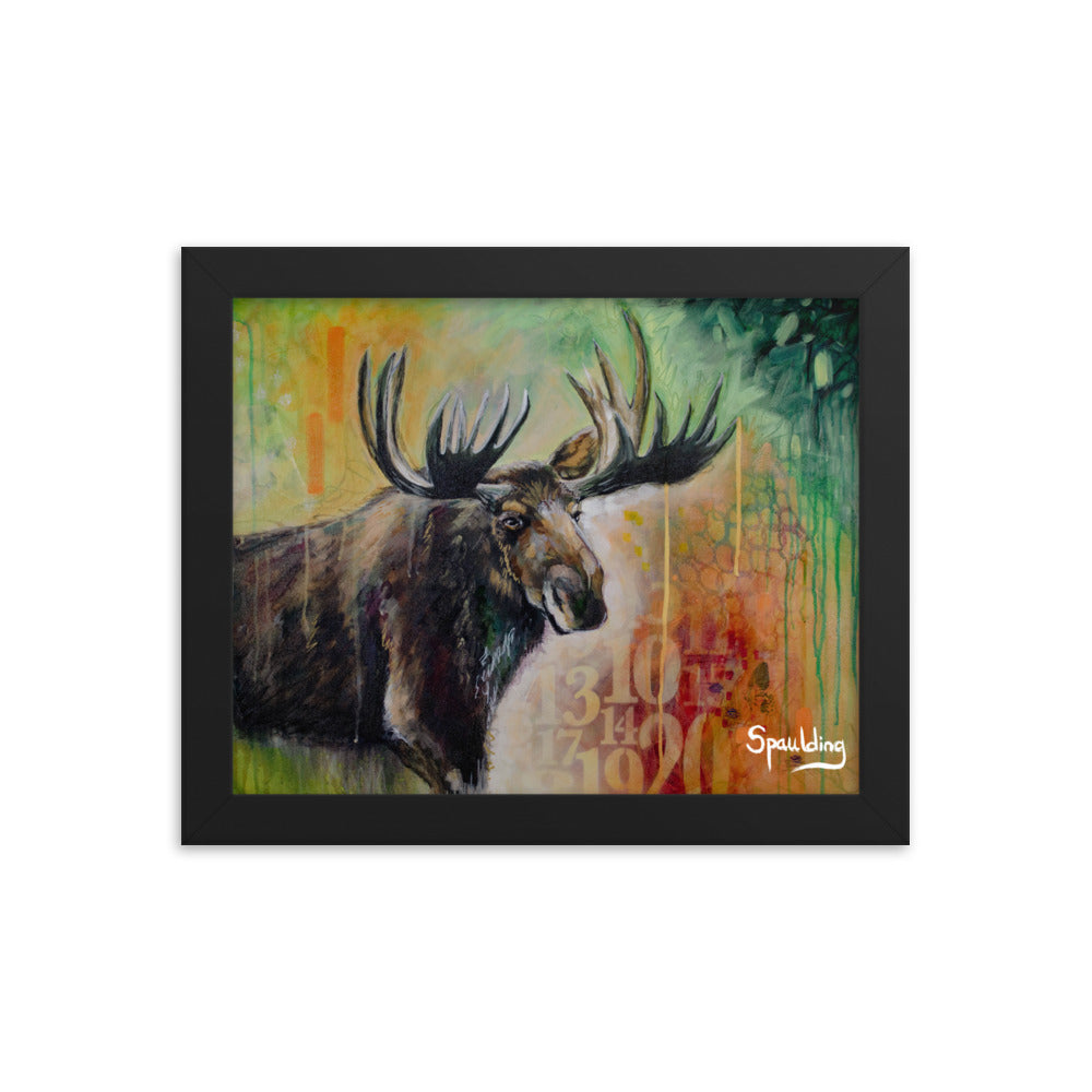 Brown moose with antlers, red, green, oranges background. Lightweight & ready to hang. Perfect for nature lovers.