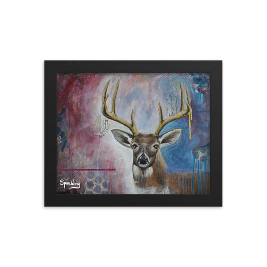Whitetail deer framed print: brown & white deer with tan antlers on a dark red-pink & blue background. Perfect for wildlife lovers.