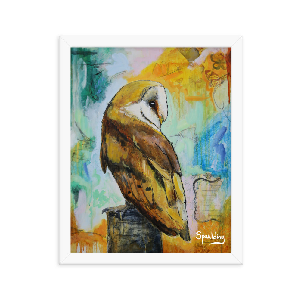Barn owl on tree stump, brown & white, orange teal & blue palette. Lightweight & ready to hang. Perfect for nature lovers."