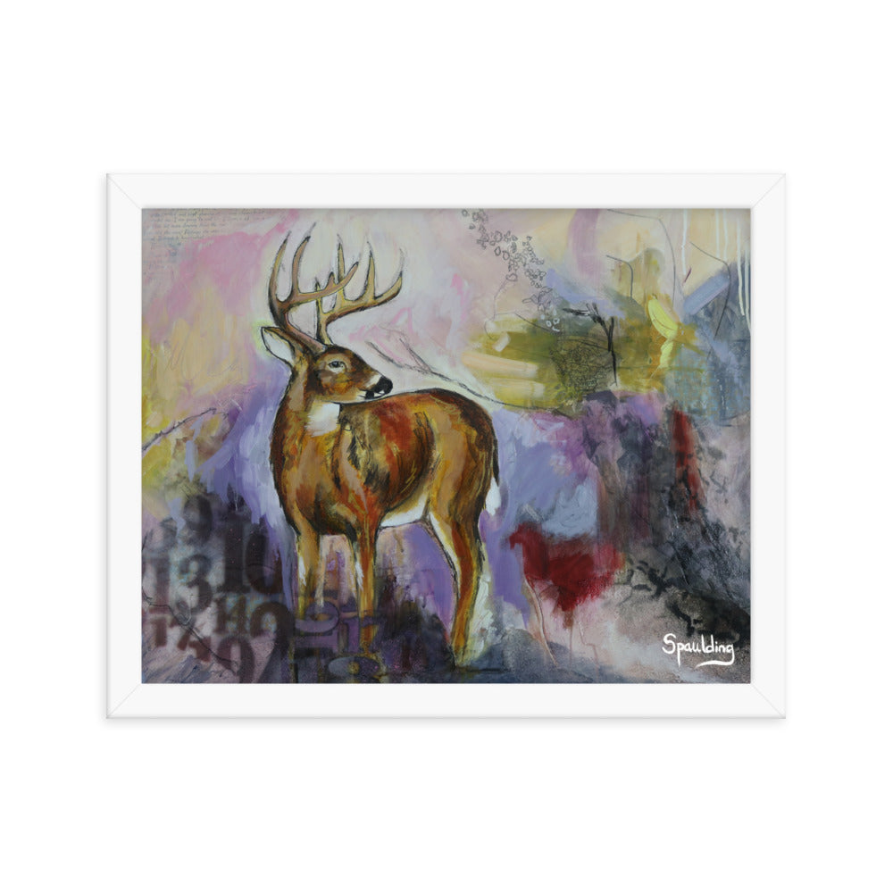 Whitetail deer framed print: brown & white, tan antlers on a purple, yellow, red background. Lightweight & ready to hang