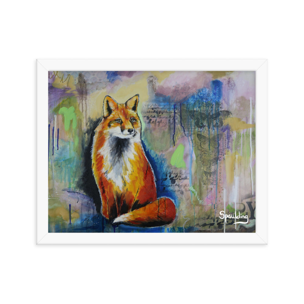 Red fox framed print: bushy tail, blue greens, and pinks. Lightweight and ready to hang. Perfect for nature lovers.