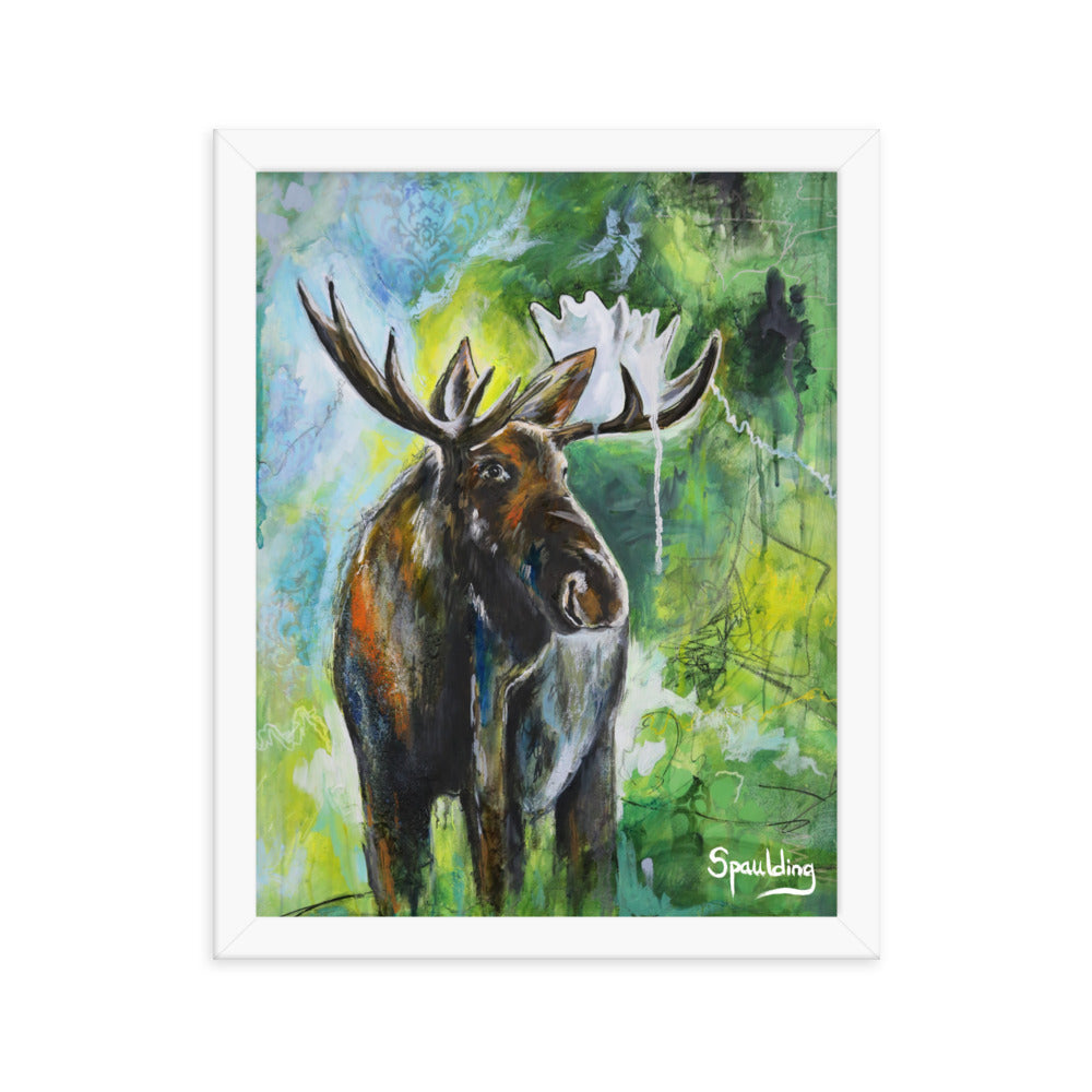 Brown Bull Moose framed print on green background. Perfect for wildlife enthusiasts. Lightweight, durable, and ready to hang