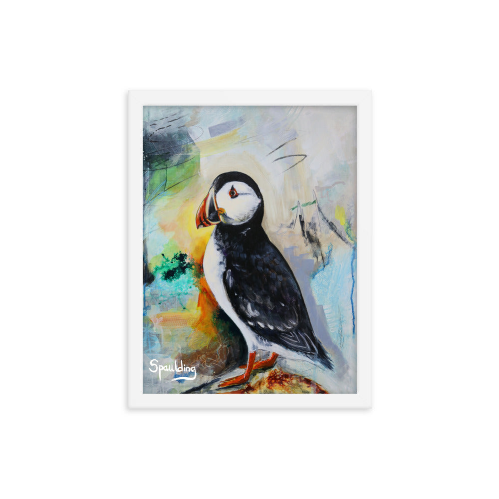 Black & white puffin with orange beak & feet. Muted blues & greens, cream color scheme. Lightweight & ready to hang.