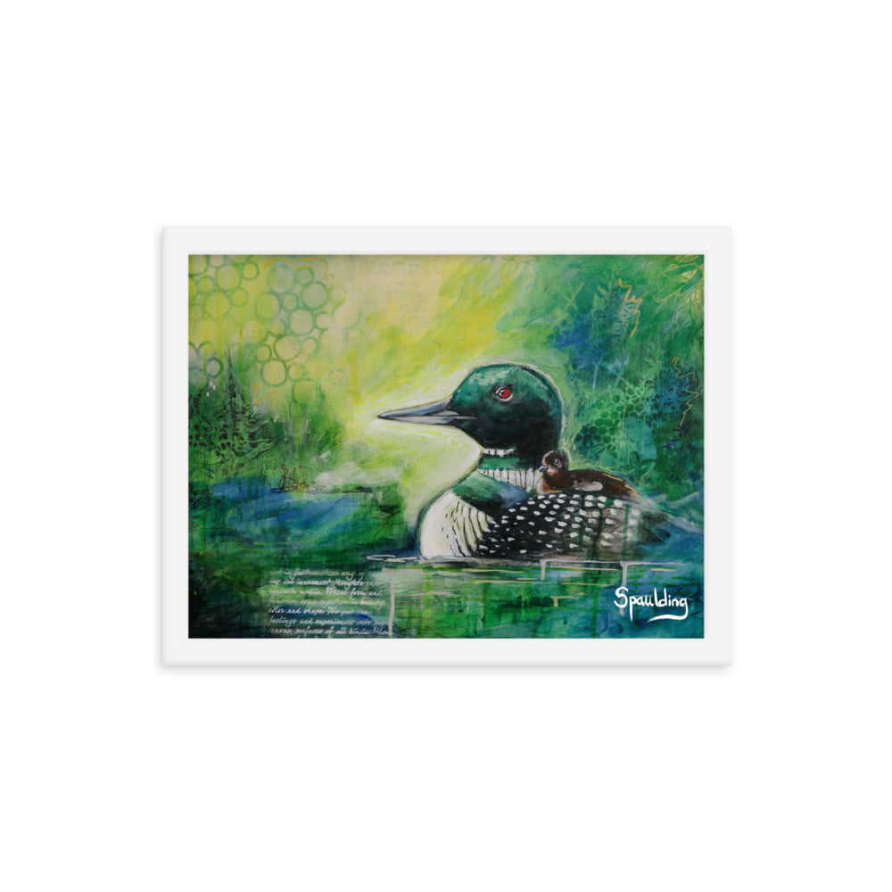 Black & white loon with baby, greens, yellows & blues background. Lightweight & ready to hang. Perfect for nature lovers.