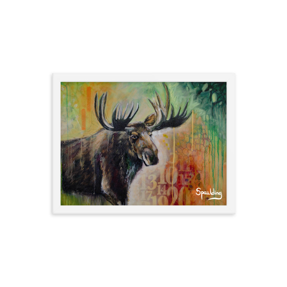 Brown moose with antlers, red, green, oranges background. Lightweight & ready to hang. Perfect for nature lovers.