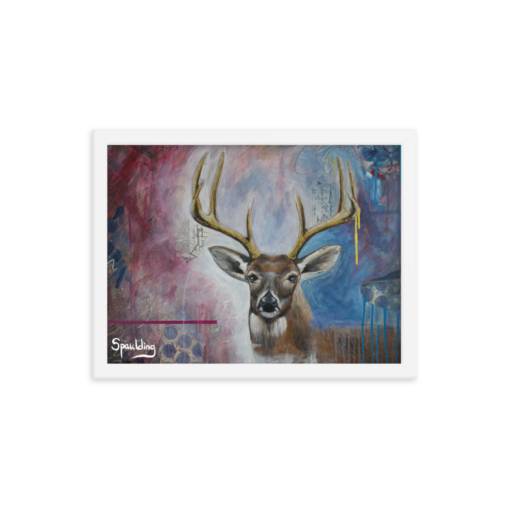 Whitetail deer framed print: brown & white deer with tan antlers on a dark red-pink & blue background. Perfect for wildlife lovers.