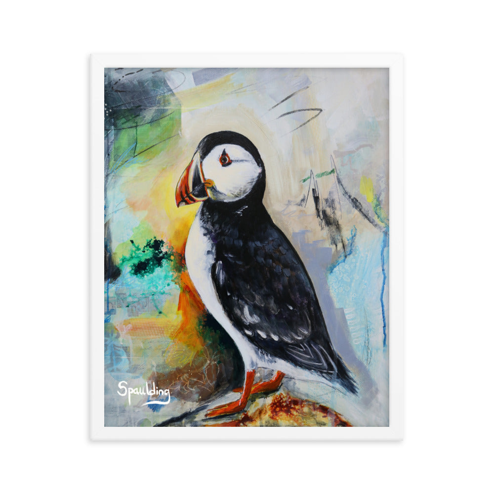Black & white puffin with orange beak & feet. Muted blues & greens, cream color scheme. Lightweight & ready to hang.